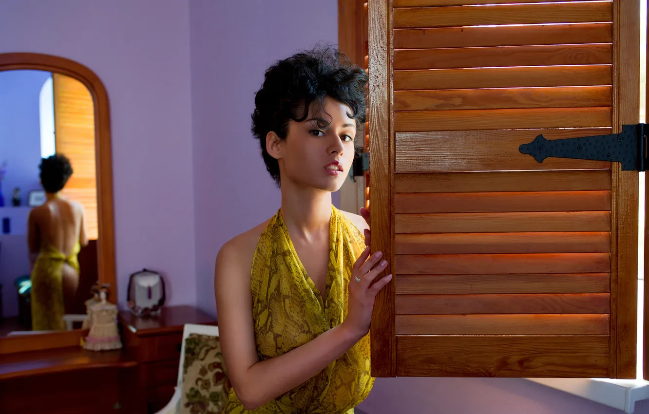 Photo wallpaper look, doll, dress, mirror, brunette, window, hairstyle, shutters