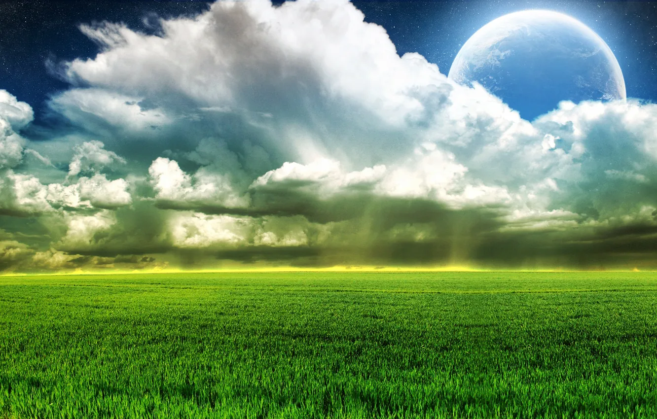 Photo wallpaper field, the sky, grass, clouds, nature, photo, the moon, landscapes
