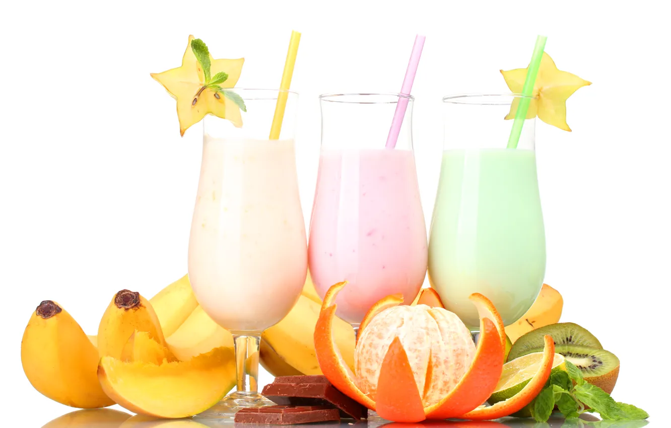 Photo wallpaper glass, chocolate, kiwi, bananas, cocktail, fruit, mint, tube