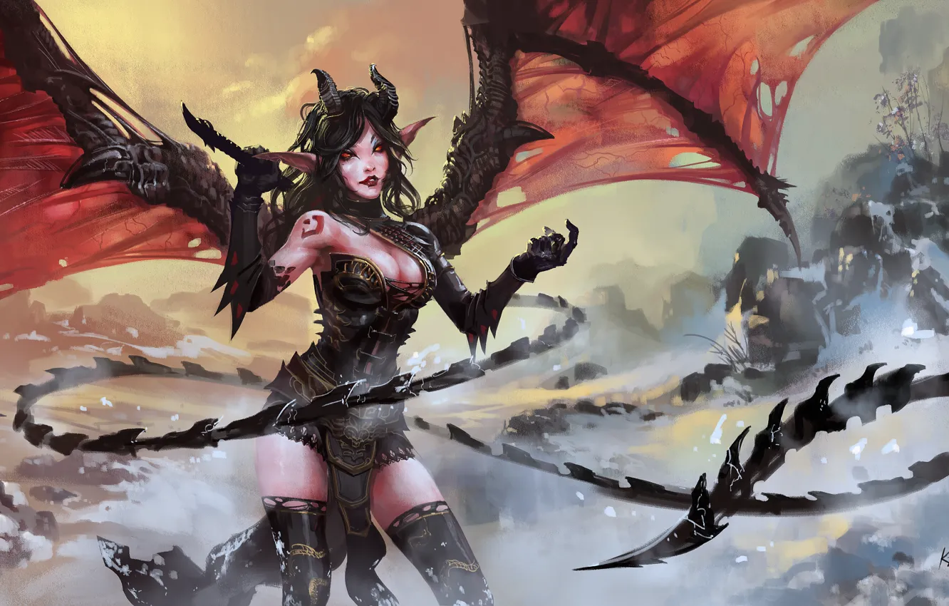 Photo wallpaper girl, snow, wings, the demon, tail, horns