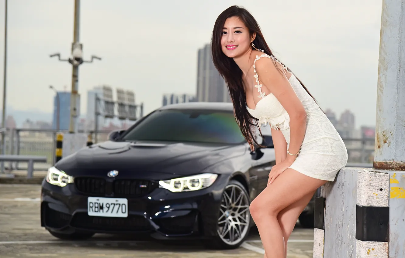Photo wallpaper auto, look, girl, BMW, beautiful girl, Stella, posing on the background of cars