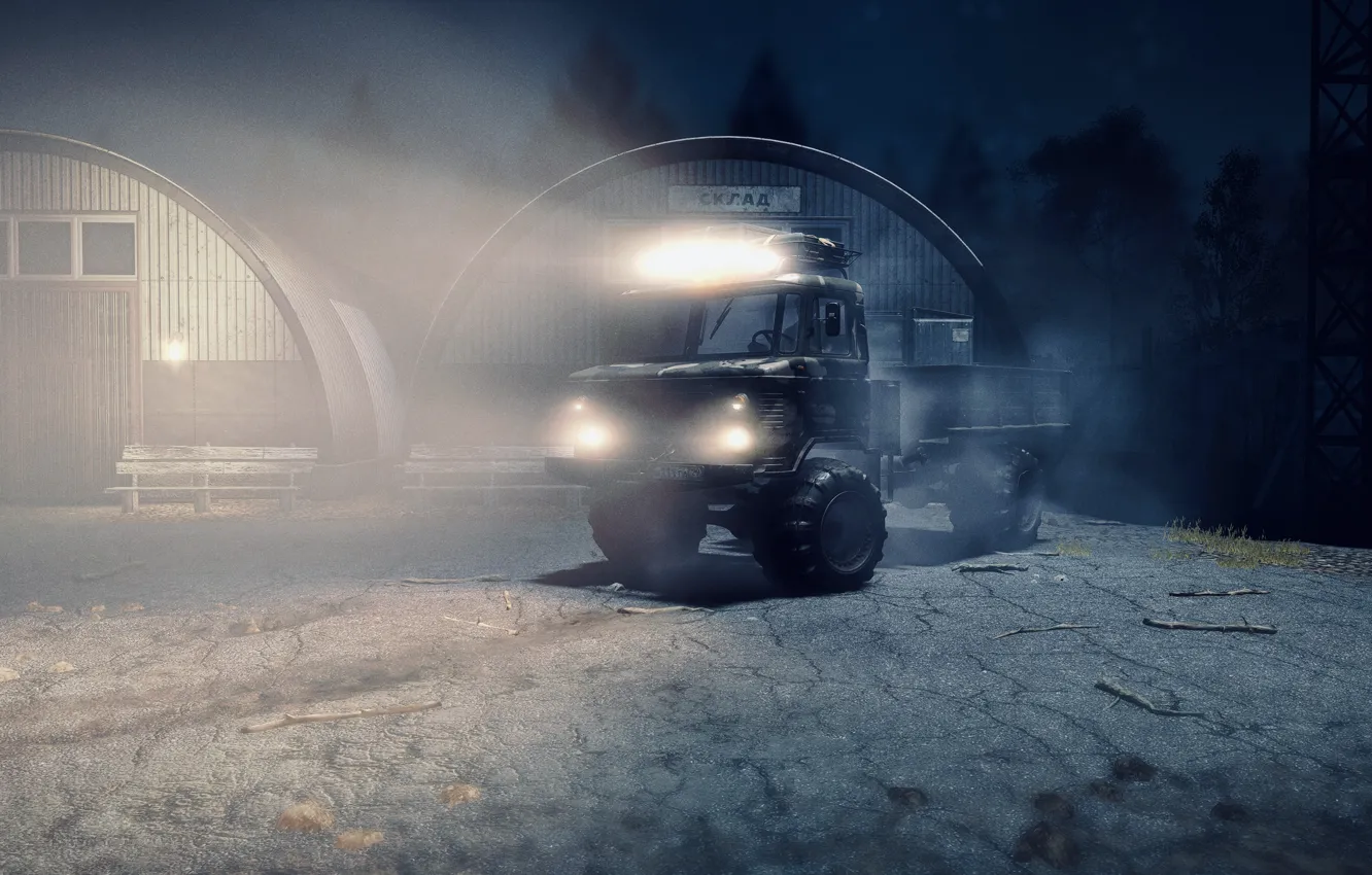 Photo wallpaper lights, HDR, Alaska, game, wood, night, truck, UHD