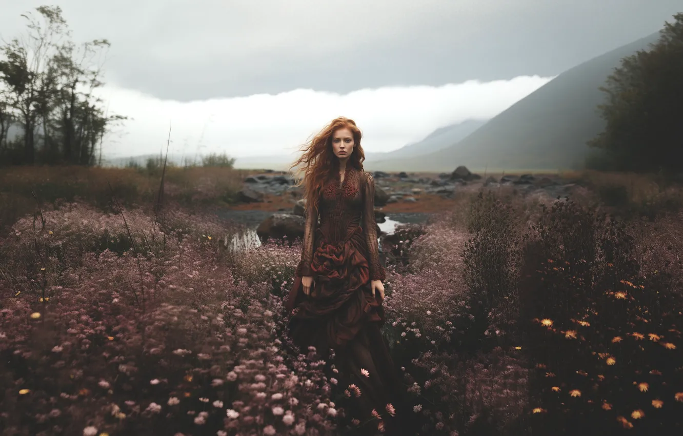 Photo wallpaper field, the sky, girl, clouds, trees, flowers, mountains, nature