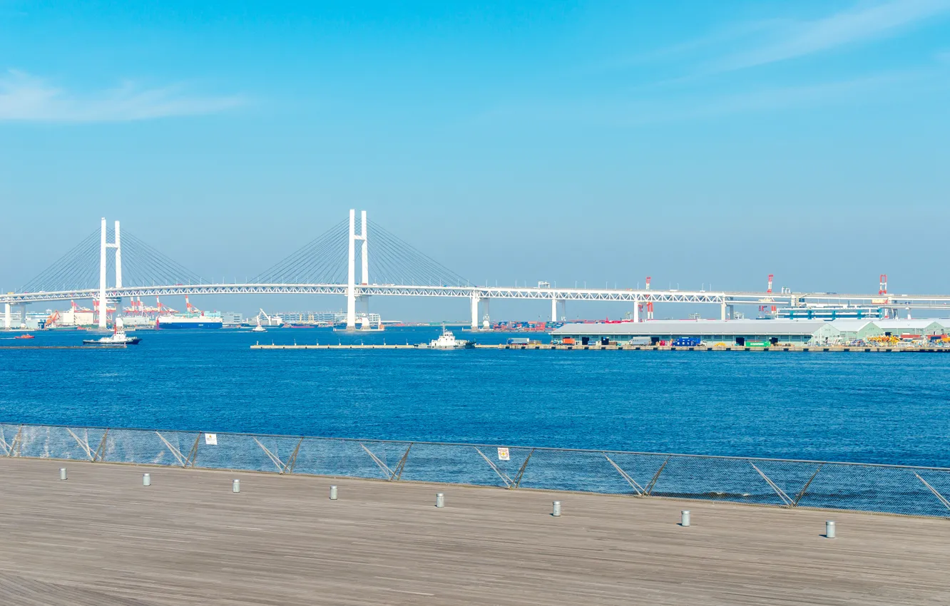 Photo wallpaper sea, the sky, bridge, the city, ship, home, Japan, Yokohama Bay Bridge