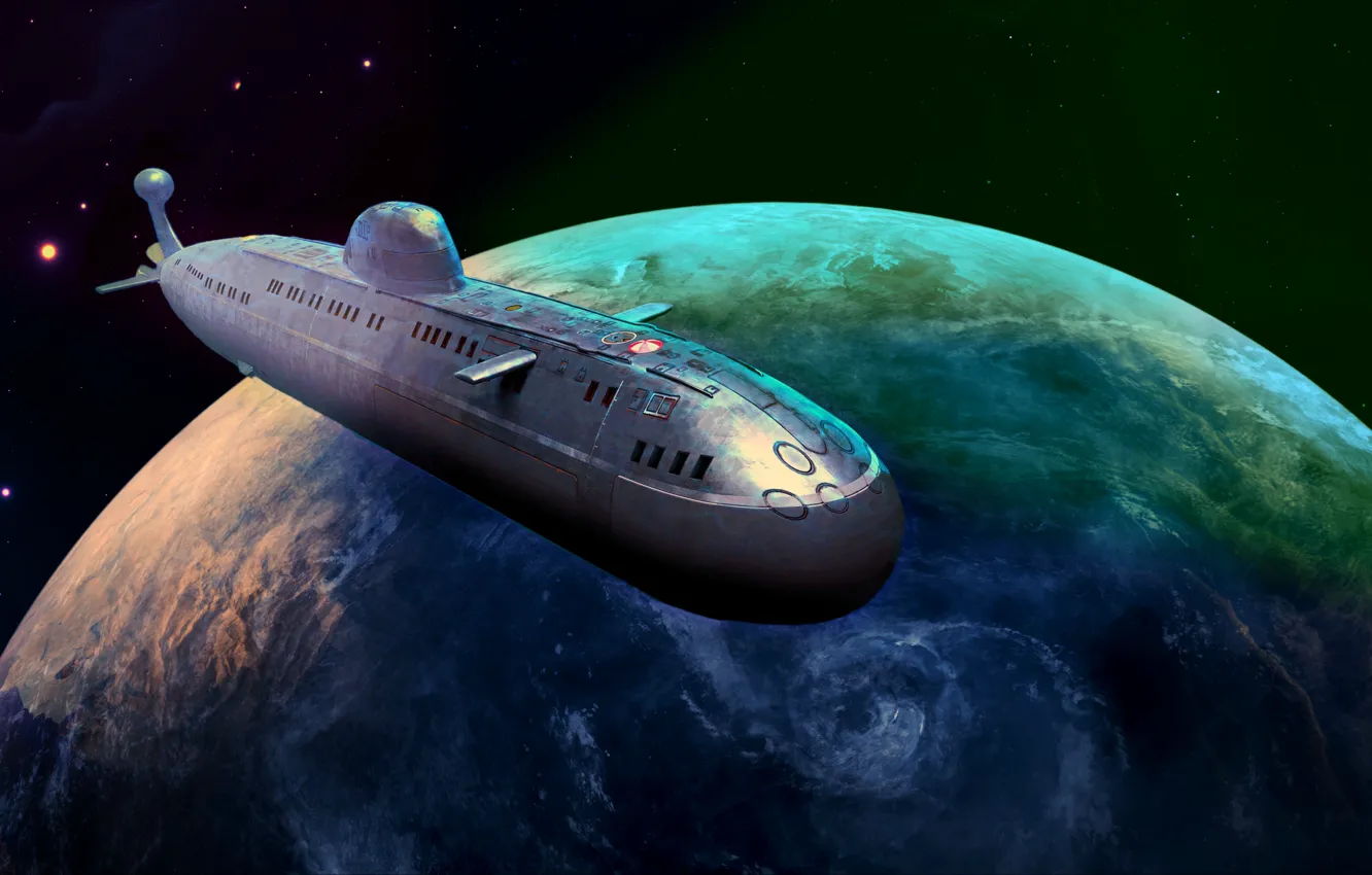 Photo wallpaper space, planet, submarine
