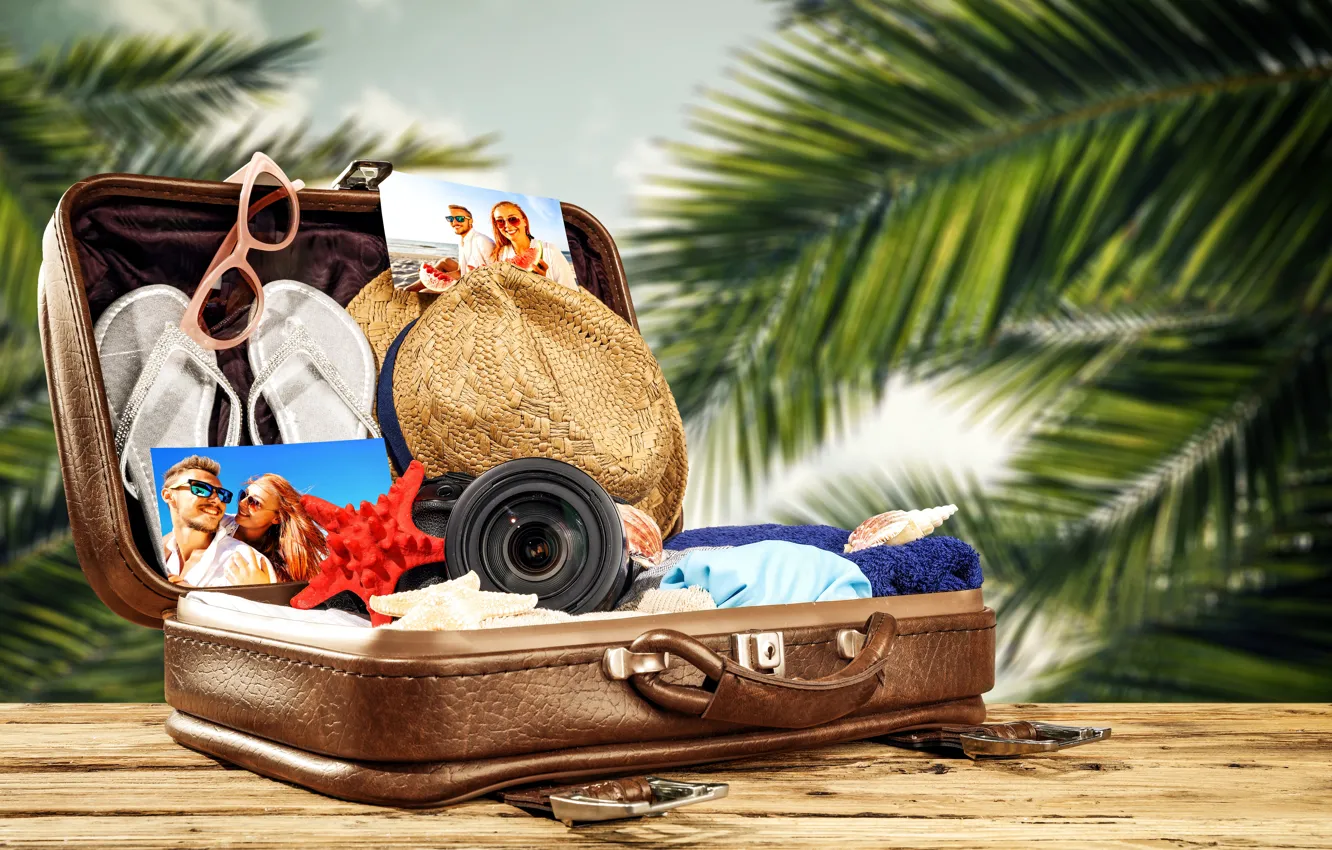 Photo wallpaper the sun, palm trees, clothing, vacation, hat, glasses, the camera, photos
