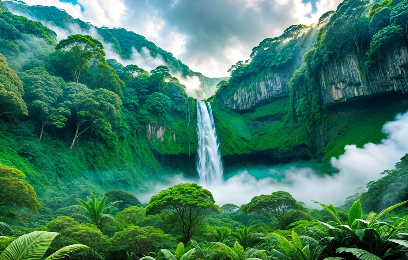 Photo wallpaper landscape, jungle, mountains, waterfalls