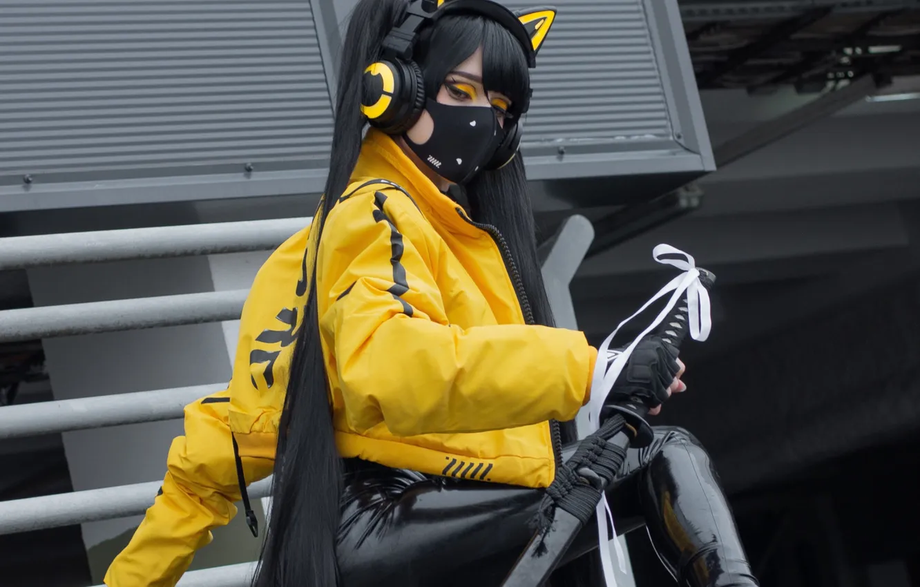 Photo wallpaper sword, woman, katana, model, cosplay, asian, mask, jacket