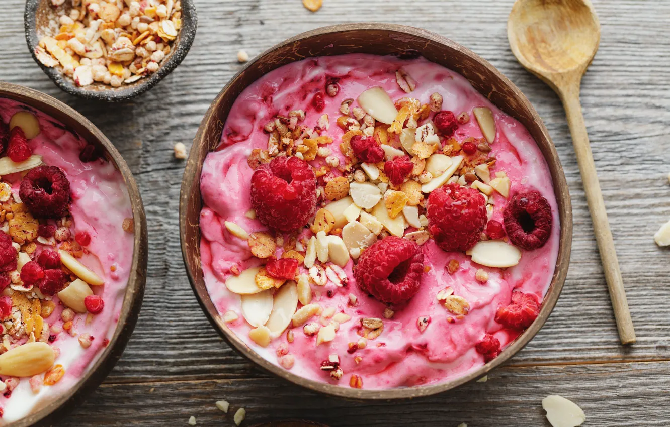 Photo wallpaper raspberry, bowl, muesli