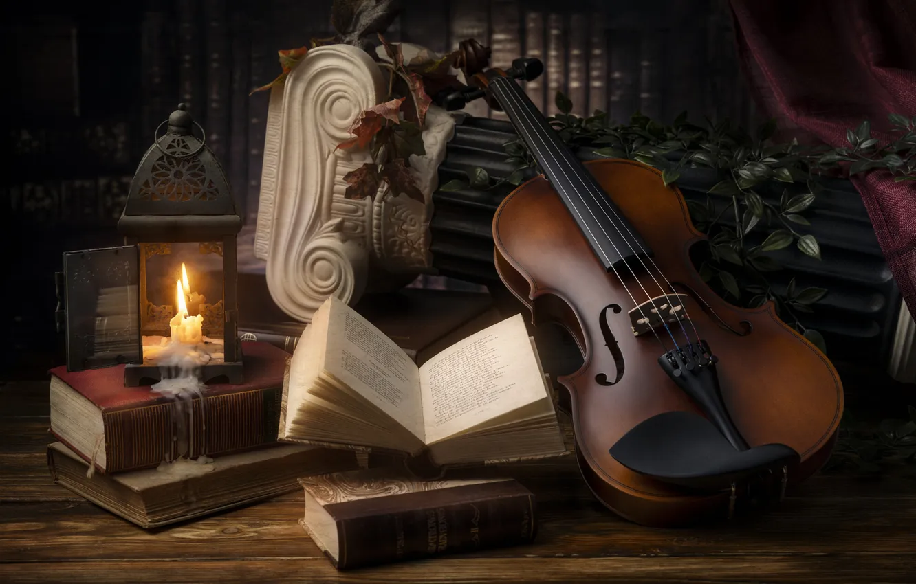 Photo wallpaper music, violin, book, still life