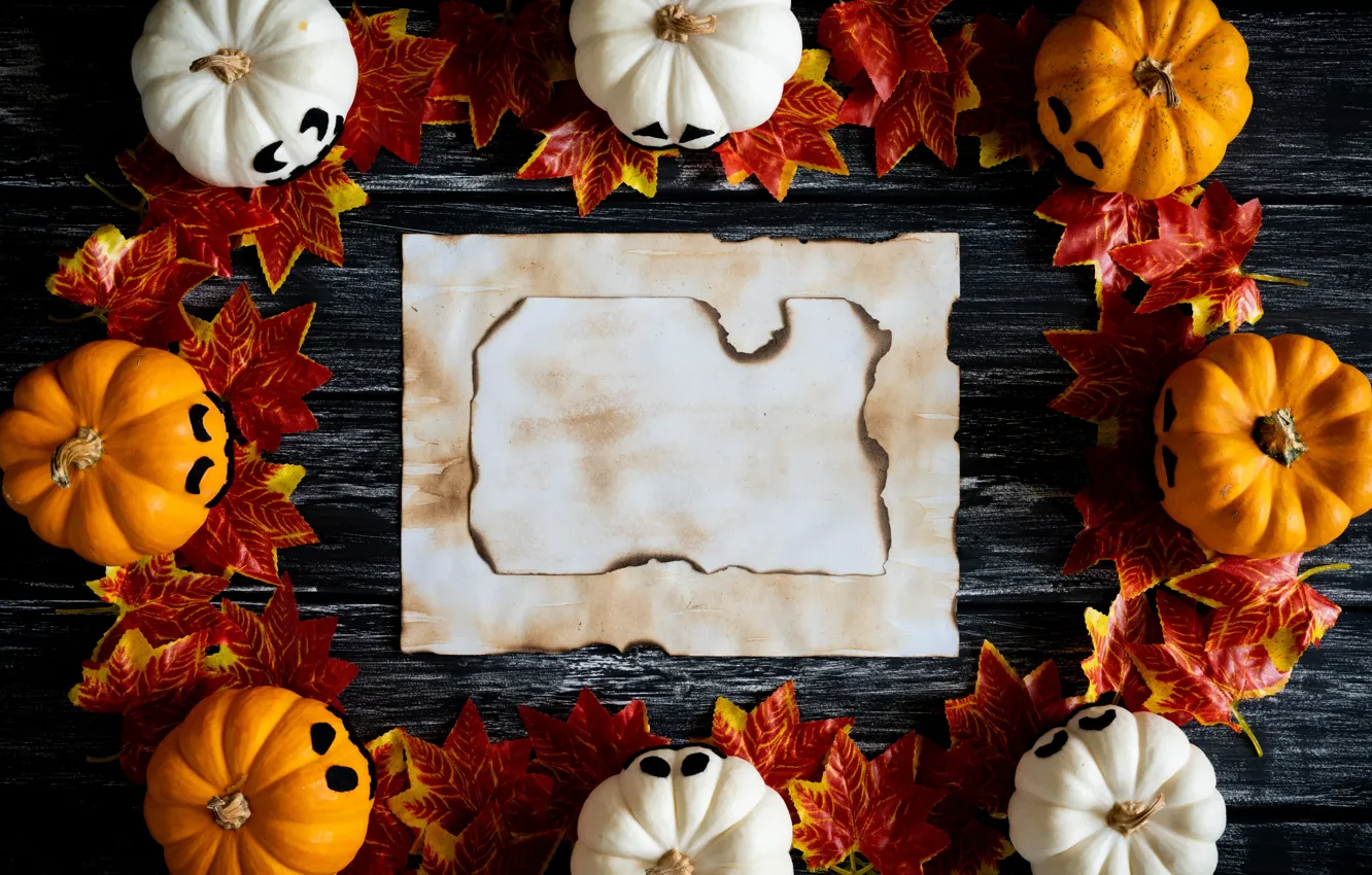 Photo wallpaper autumn, leaves, background, Board, colorful, Halloween, pumpkin, maple