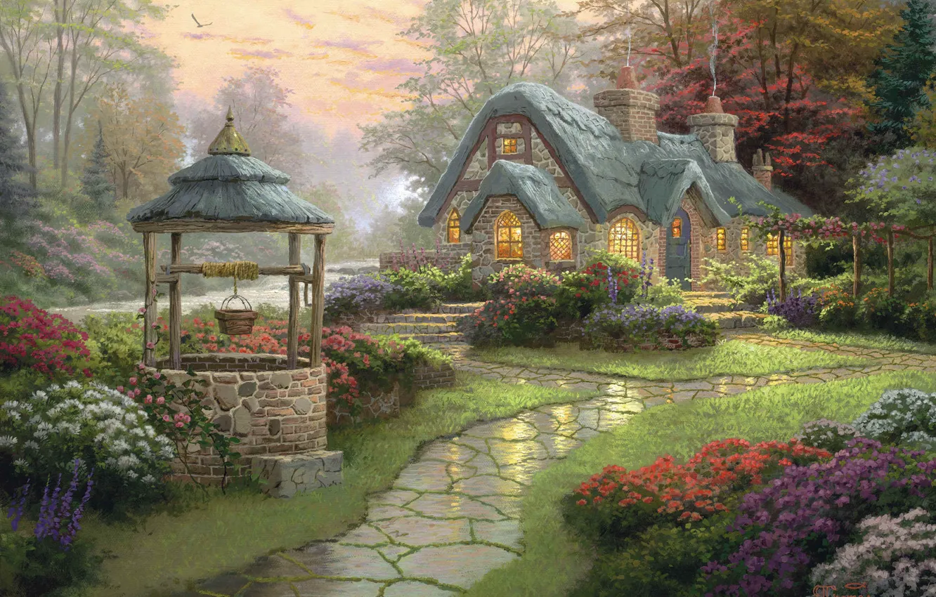 Photo wallpaper forest, flowers, track, Landscape, painting, cottage, Thomas Kinkade, Make A Wish Cottage