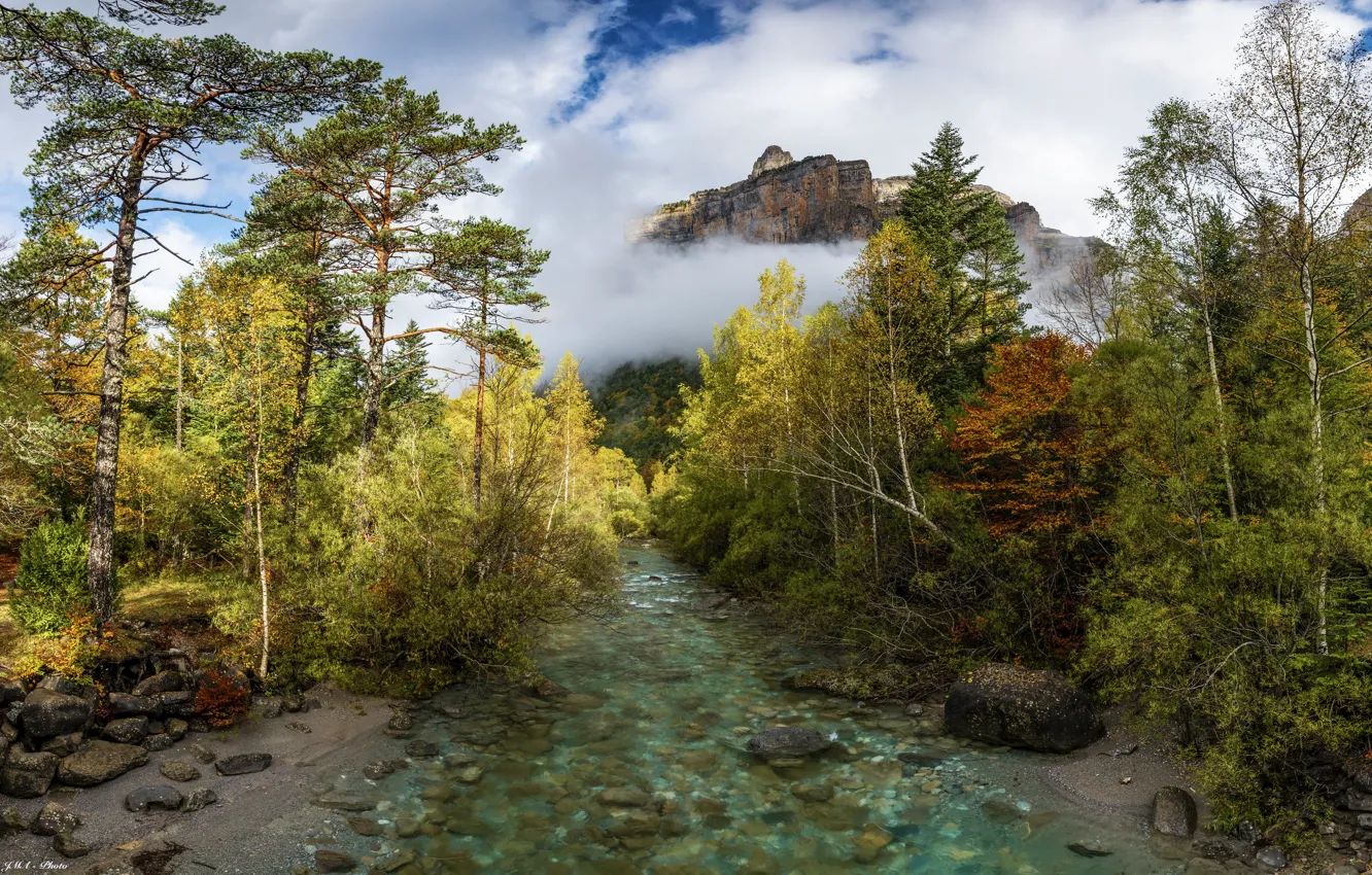 Photo wallpaper clouds, trees, landscape, mountains, nature, stream, The Pyrenees
