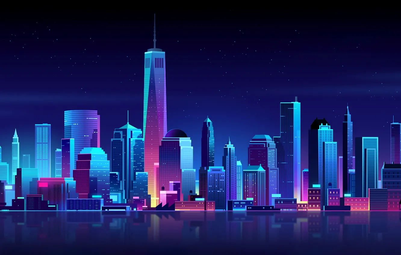 Photo wallpaper Home, New York, Night, The city, Neon, Style, Building, The building