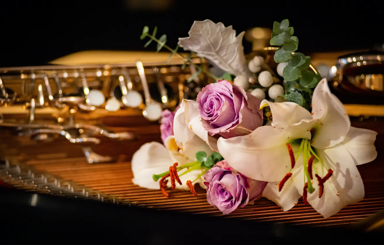 Photo wallpaper flowers, the dark background, Lily, roses, bouquet, pipe, musical instrument, bokeh