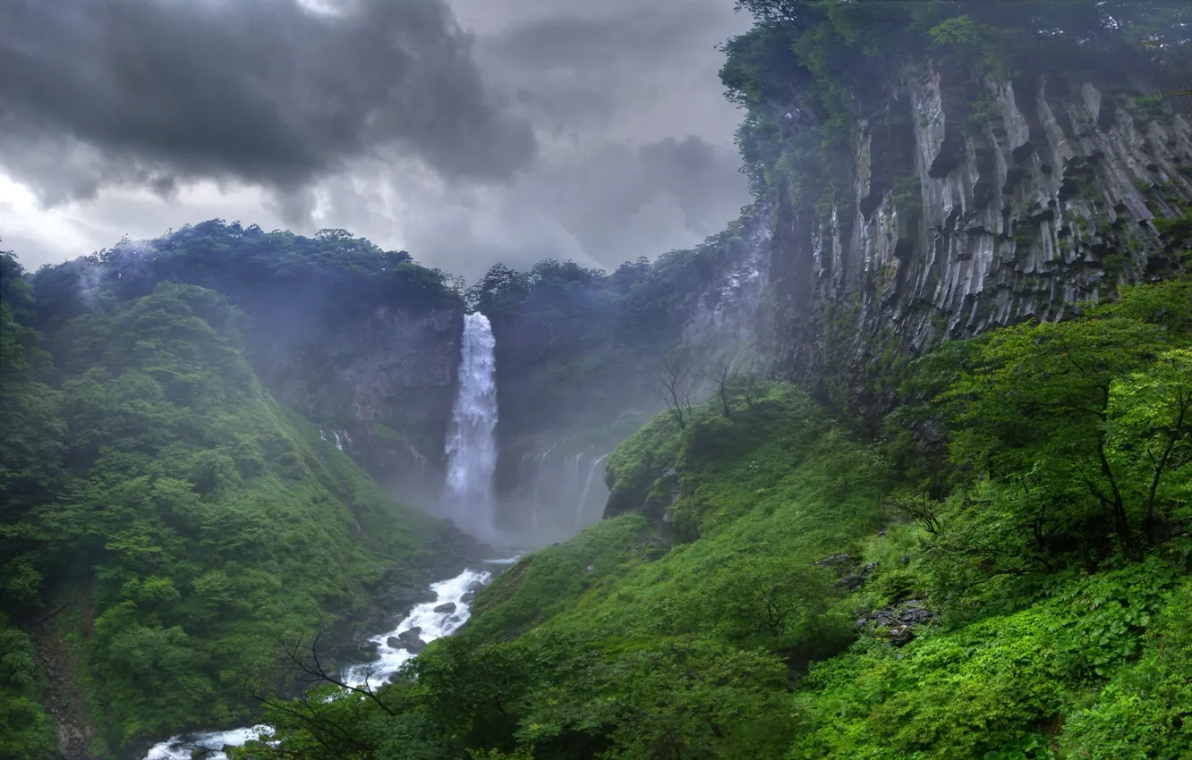 Photo wallpaper the sky, clouds, rocks, waterfall, jungle