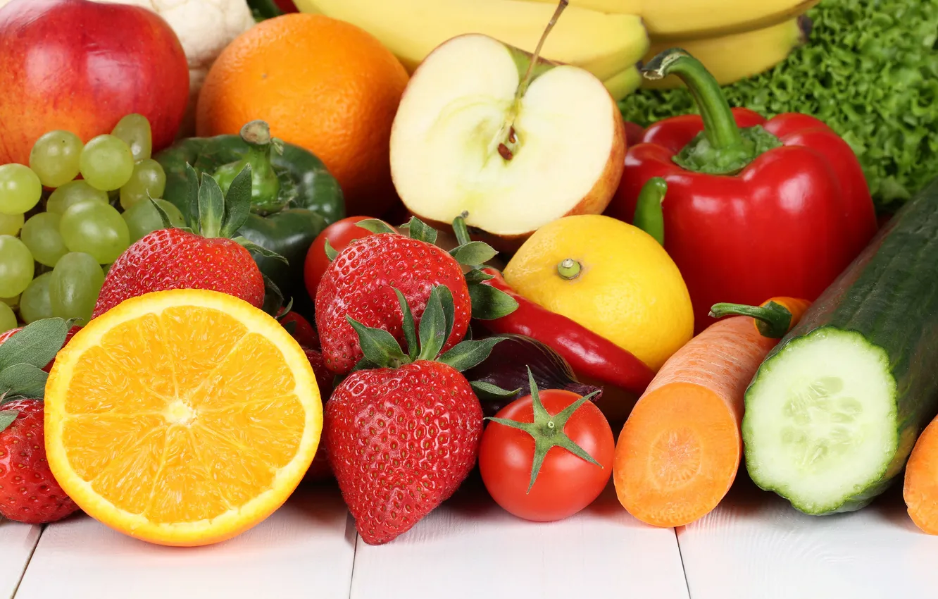 Photo wallpaper lemon, apple, Apple, orange, strawberry, grapes, pepper, fruit