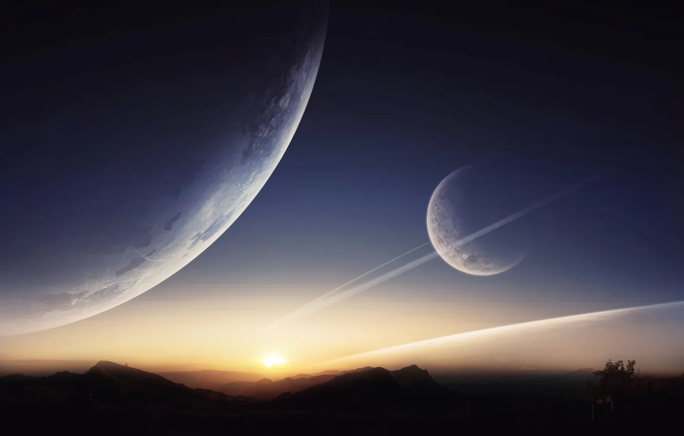 Photo wallpaper the sky, sunset, mountains, planet
