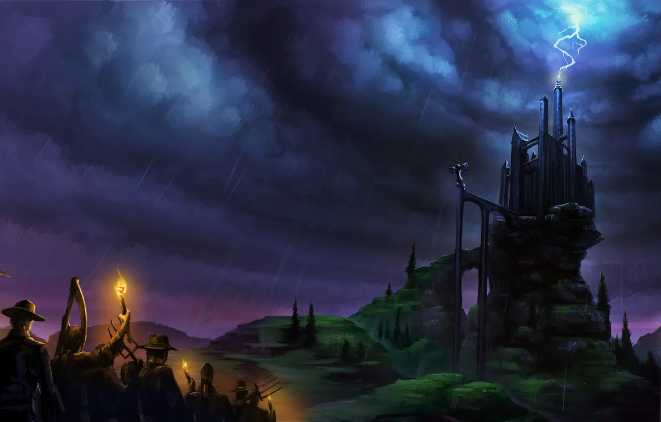 Photo wallpaper road, the sky, night, clouds, castle, lightning, people, art