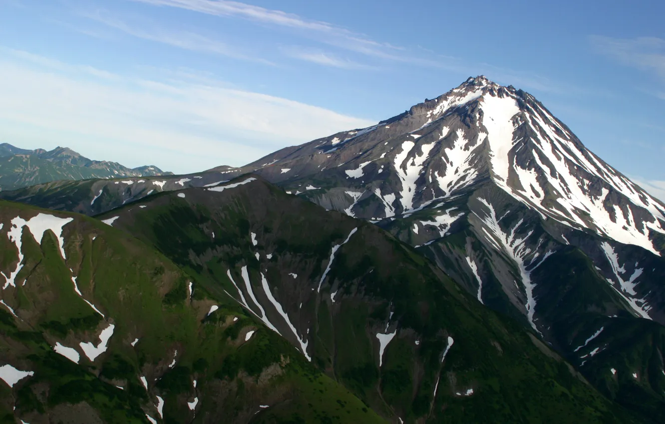 Photo wallpaper the sky, clouds, snow, mountains, photo, tops, Kamchatka