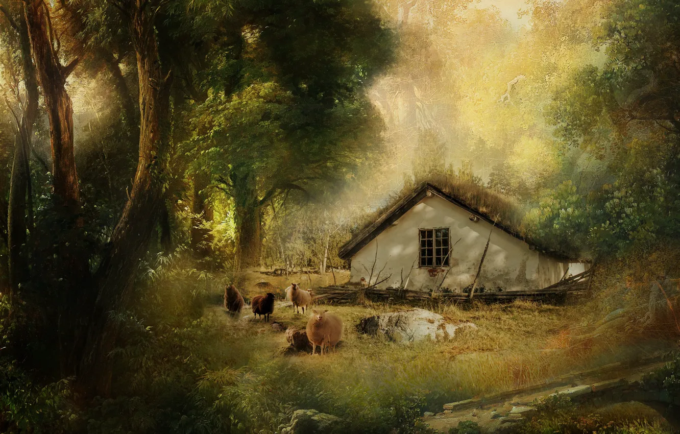 Photo wallpaper forest, summer, trees, rendering, glade, sheep, house, photoart
