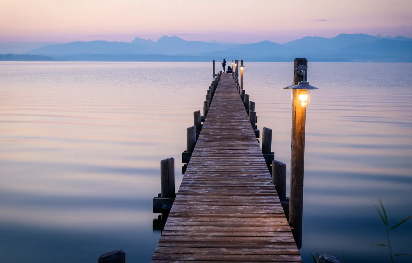 Photo wallpaper bridge, lake, lights