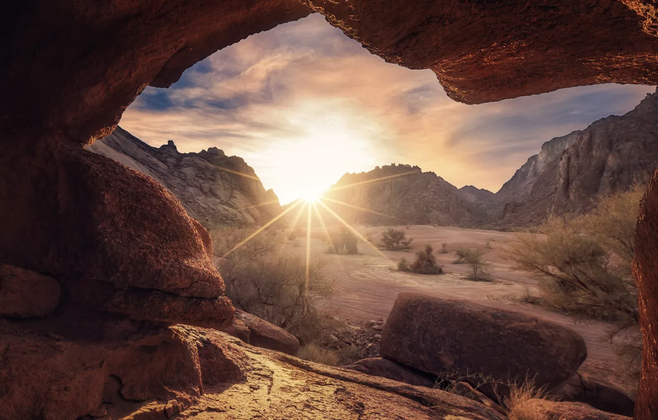 Photo wallpaper the sun, mountains, rocks, desert, cave