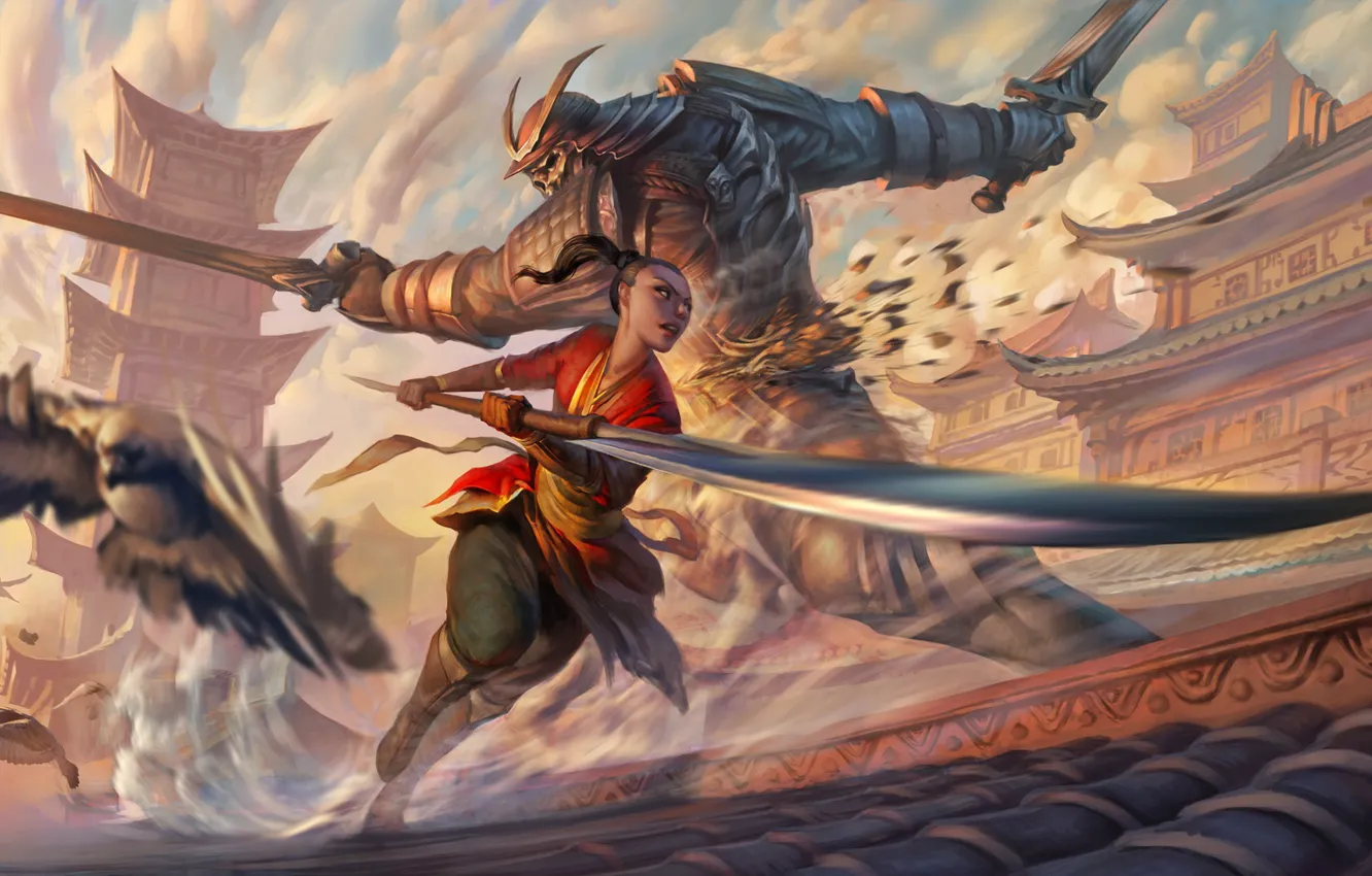 Photo wallpaper girl, sword, fantasy, weapon, katana, birds, battle, samurai