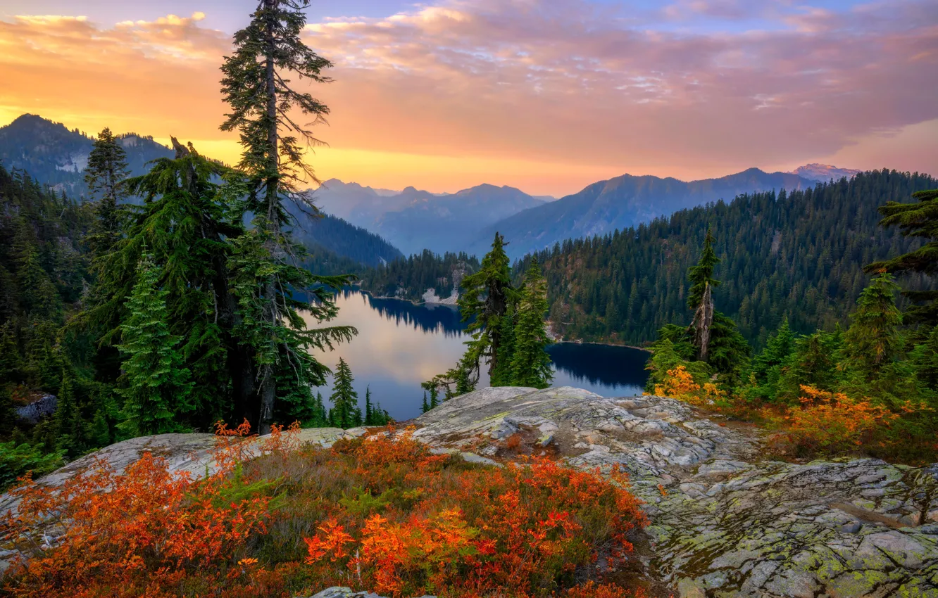 Photo wallpaper autumn, forest, sunset, mountains, lake, ate, Mount Rainier National Park, National Park mount Rainier