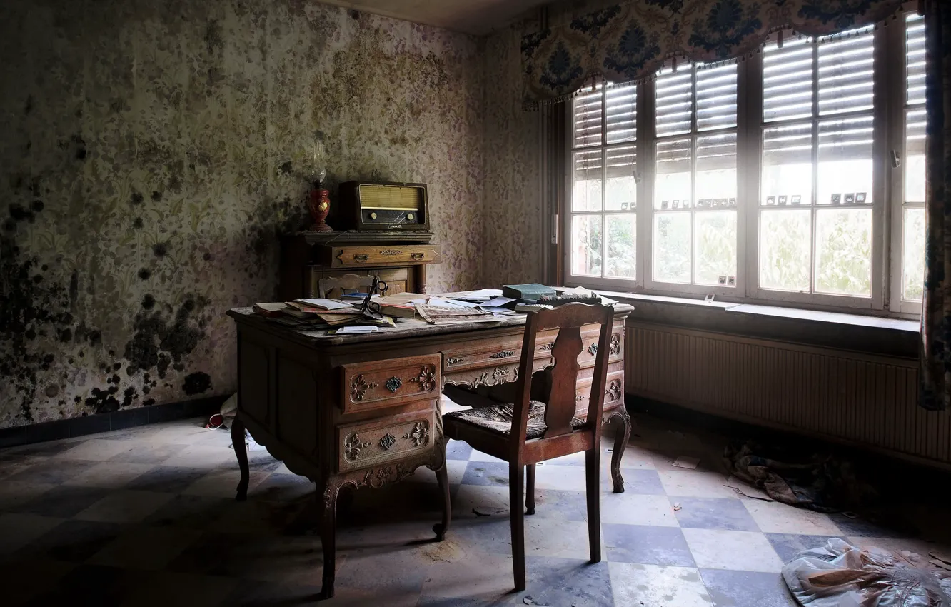 Photo wallpaper table, radio, window, chair, office