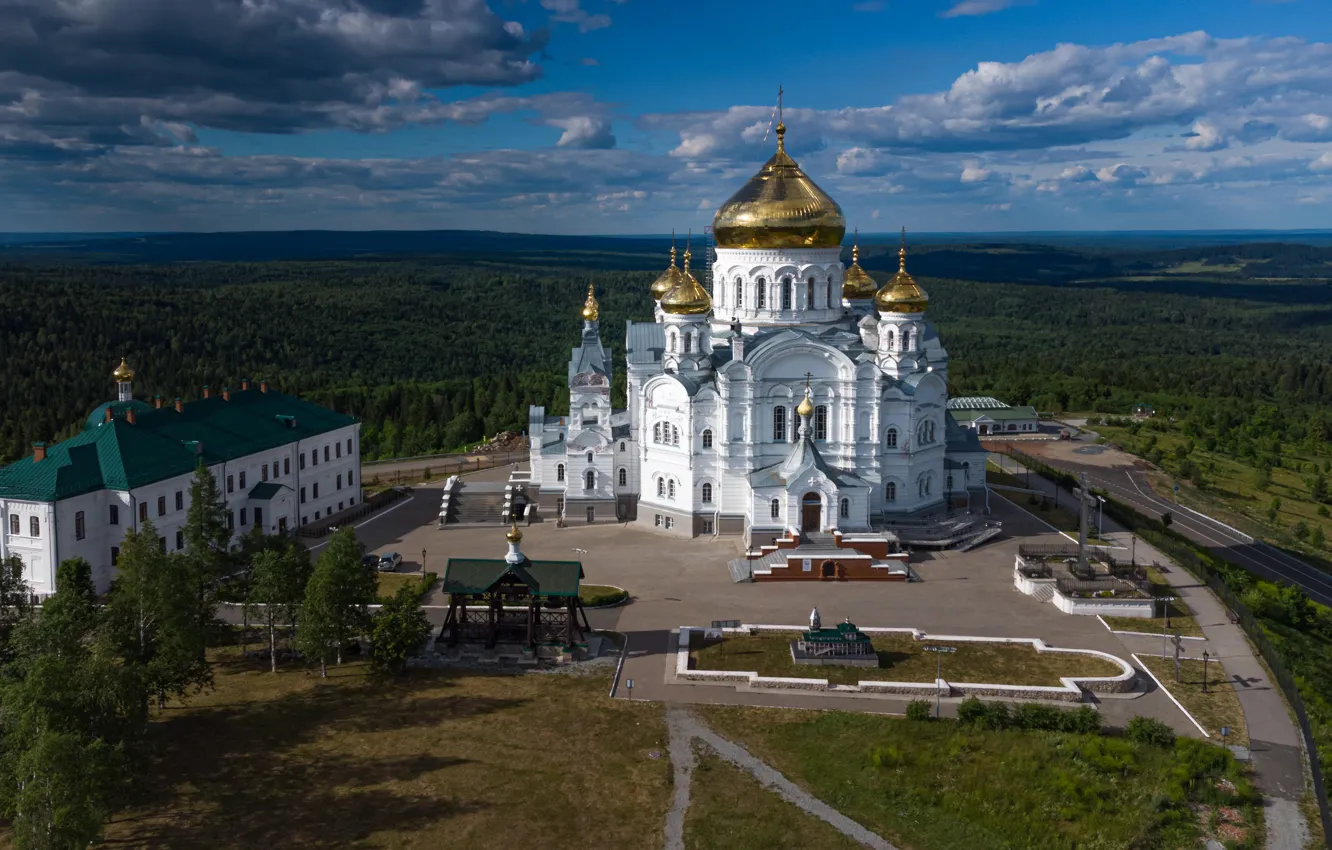 Photo wallpaper forest, temple, Russia, the monastery, Perm Krai, White mountain, Belogorsky Nicholas monastery, Holy cross Cathedral
