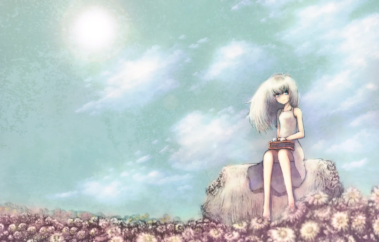 Photo wallpaper girl, flowers, art, book, lush hair