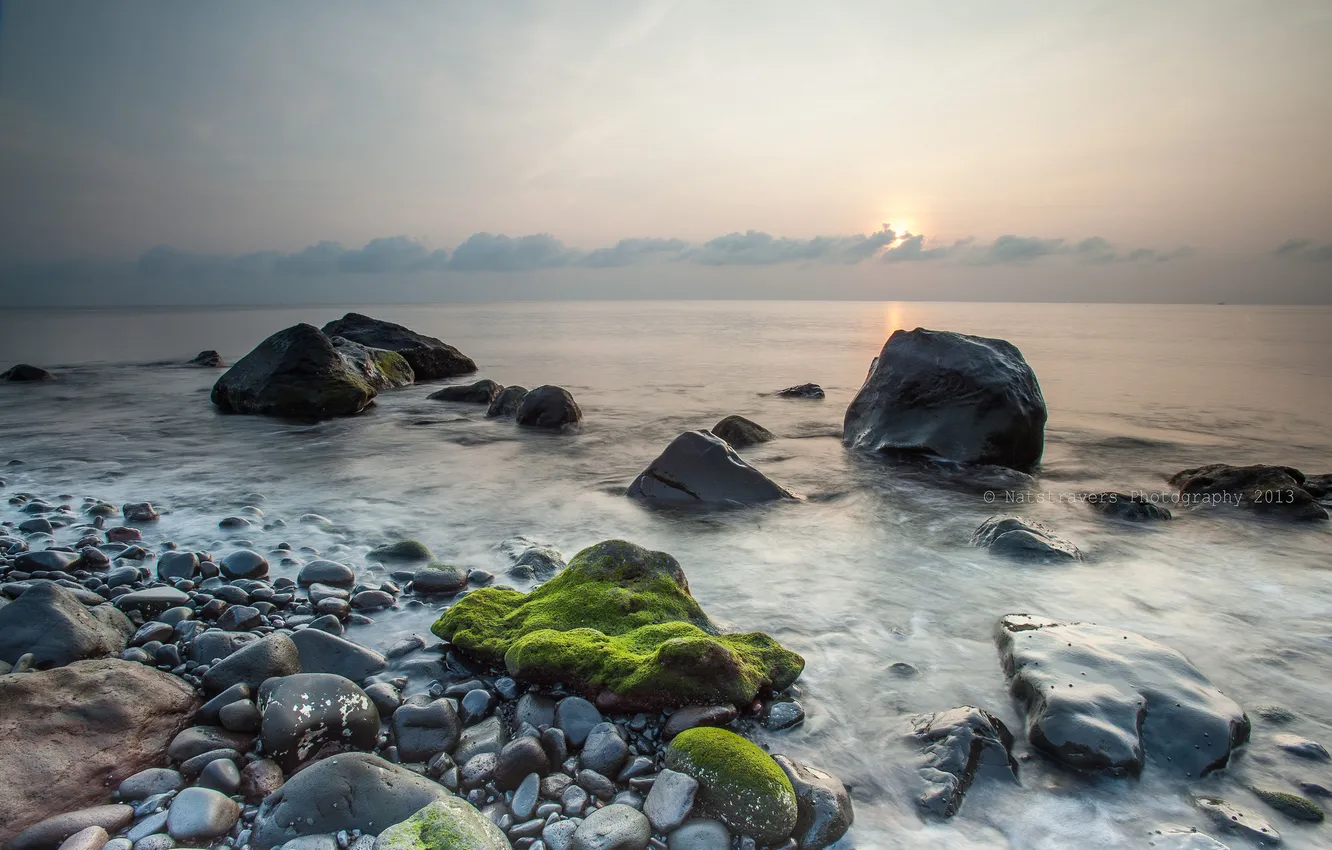 Photo wallpaper sea, stones, dawn, moss