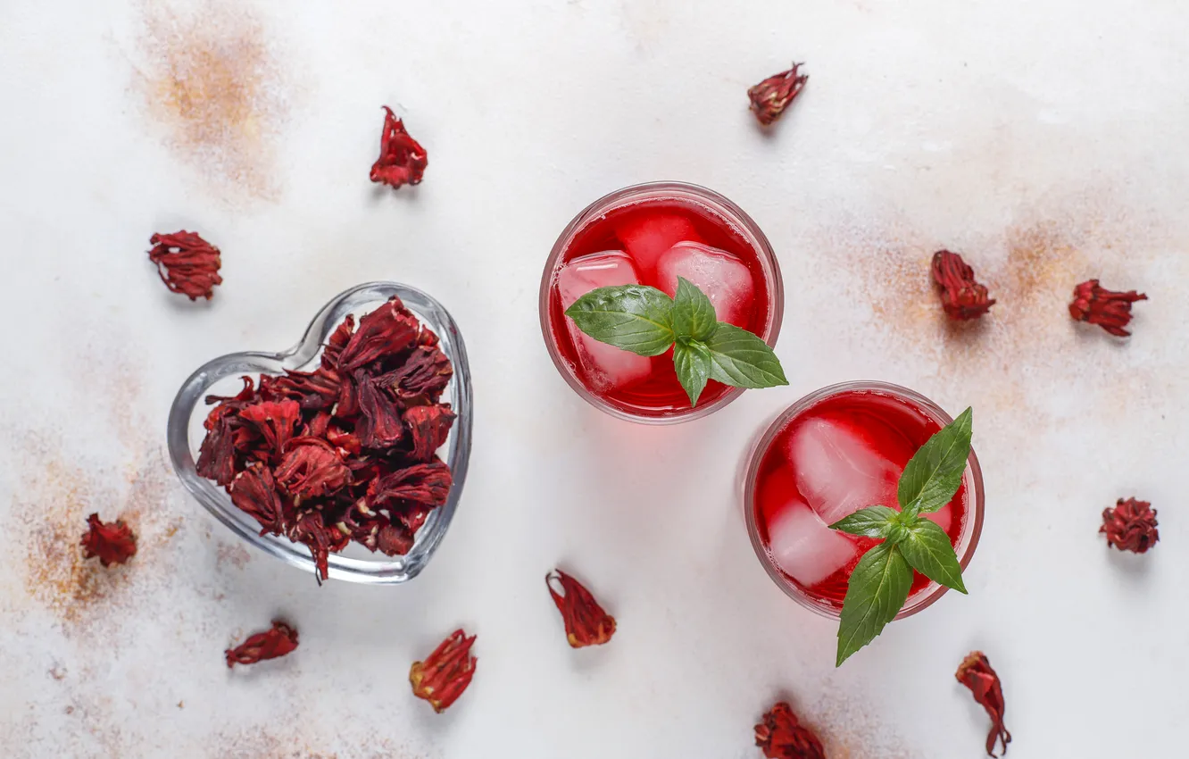Photo wallpaper flowers, red, glass, tea, heart, glass, petals, Cup