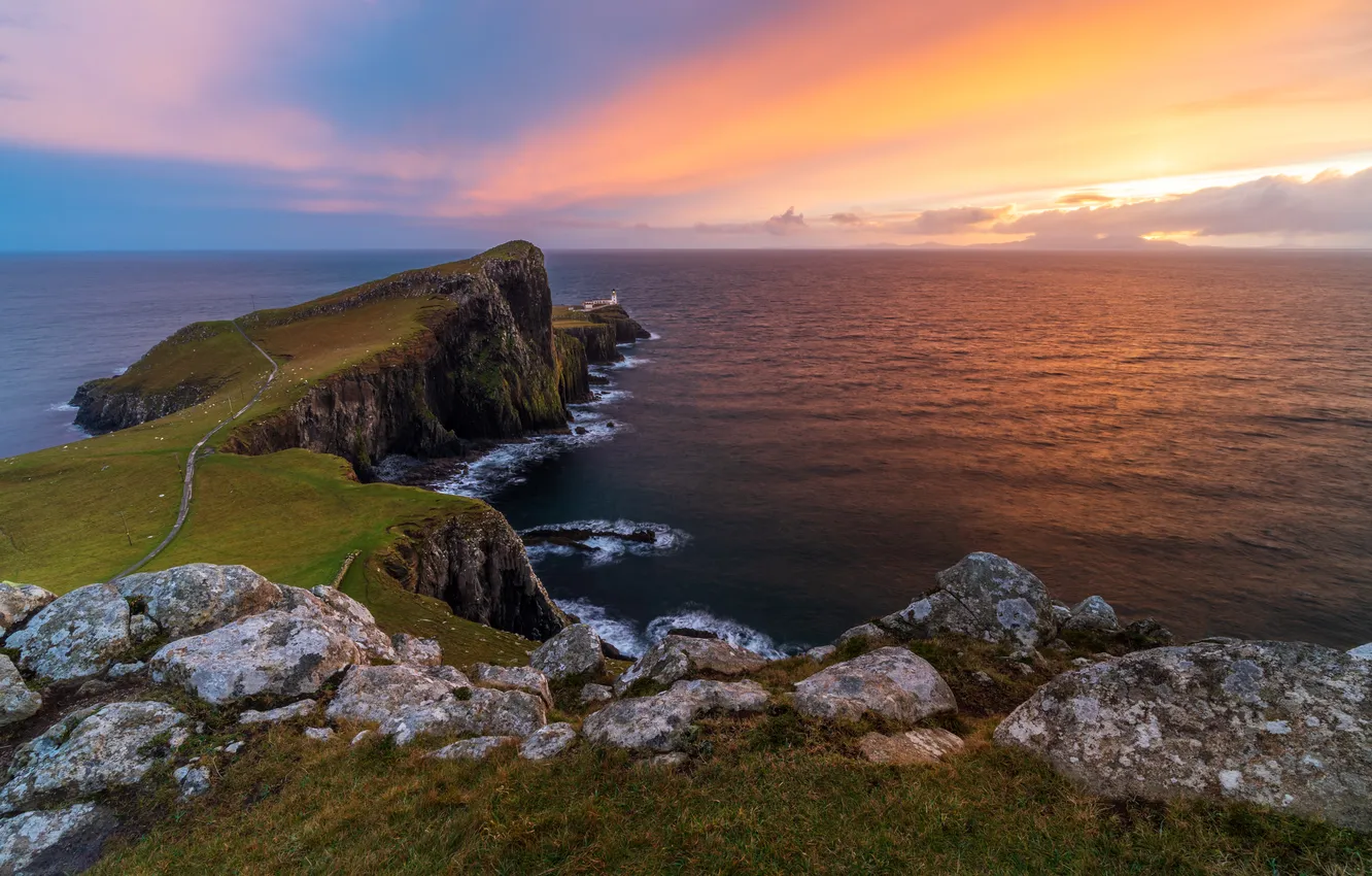 Photo wallpaper road, sea, grass, clouds, light, sunset, mountains, fog