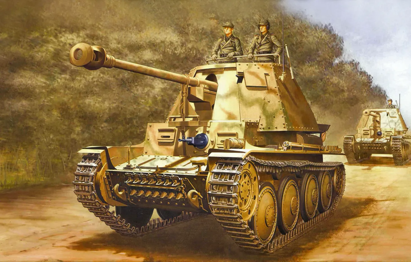 Photo wallpaper weapon, war, art, painting, tank, ww2, German 7.5 cm Pak40 Fgst.Pz.Kpfw.Marder III Ausf.H