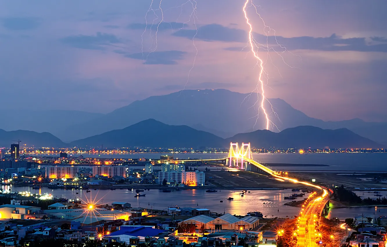 Photo wallpaper mountains, the city, lights, lightning, the evening