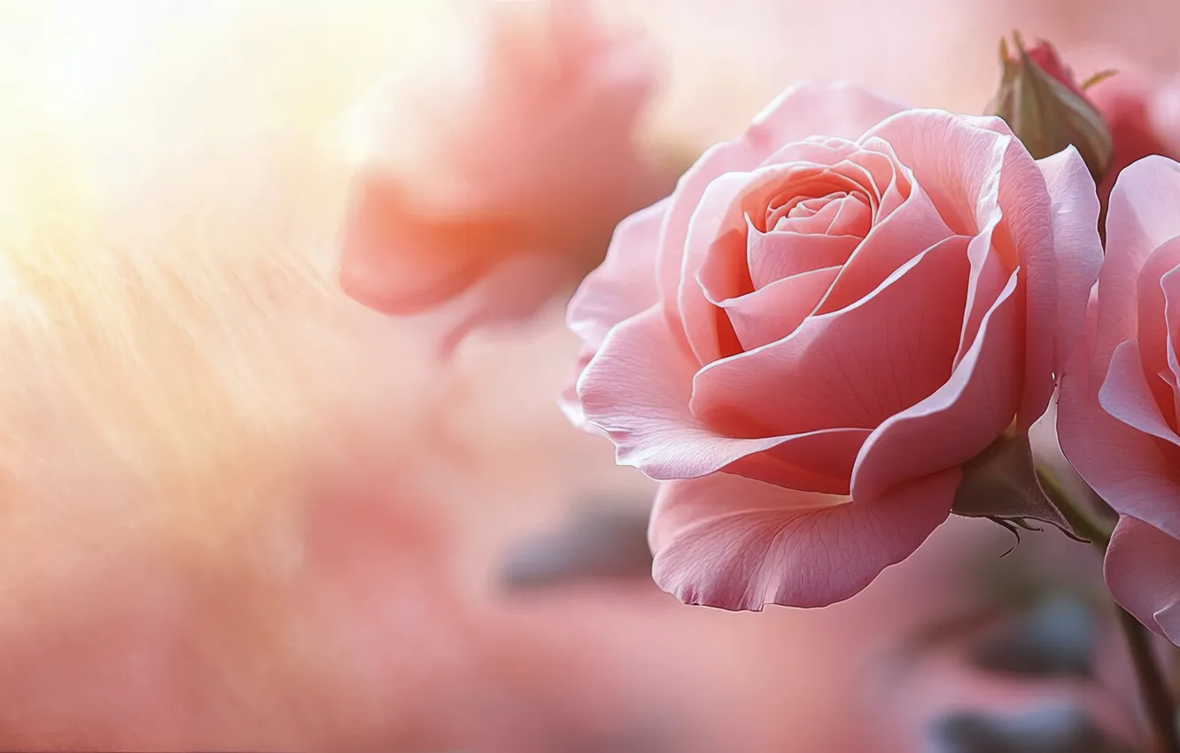 Photo wallpaper light, flowers, roses, bouquet, blur, banner, pink, AI art