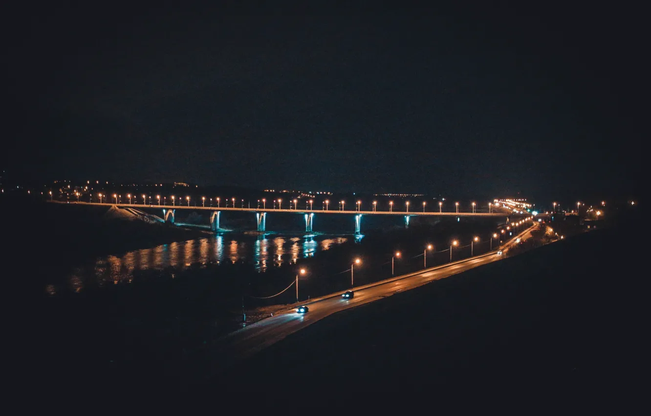 Photo wallpaper night, bridge, the city, river, lights, Russia, Russia, Oka