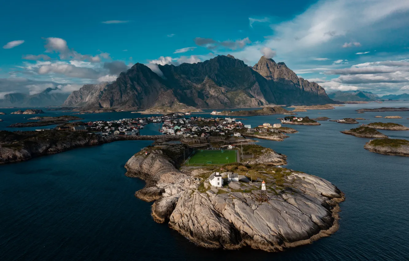 Photo wallpaper city, sky, ocean, water, clouds, mountain, houses, islands