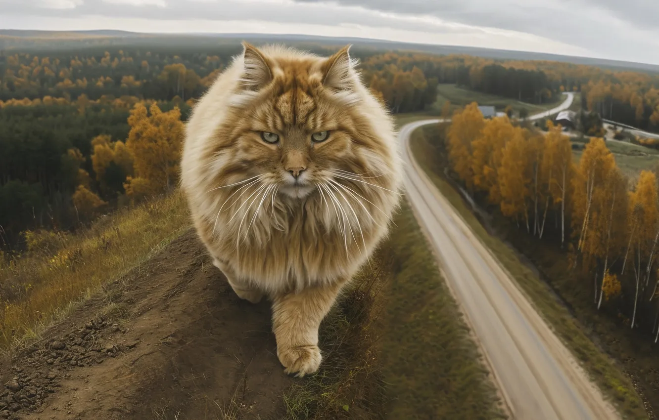 Photo wallpaper road, forest, cat, cat, look, front, digital art, AI art