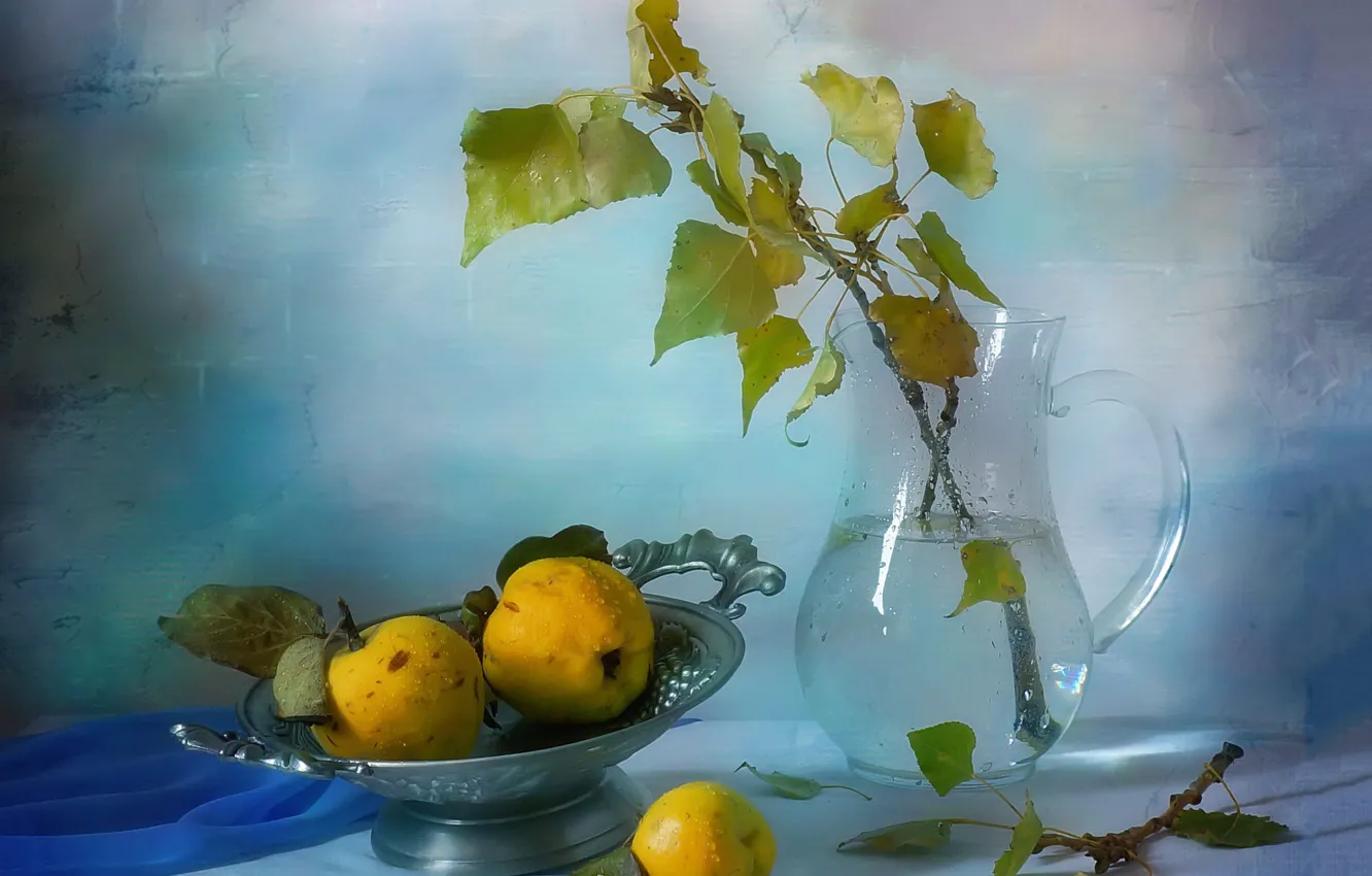 Photo wallpaper leaves, pitcher, still life, quince