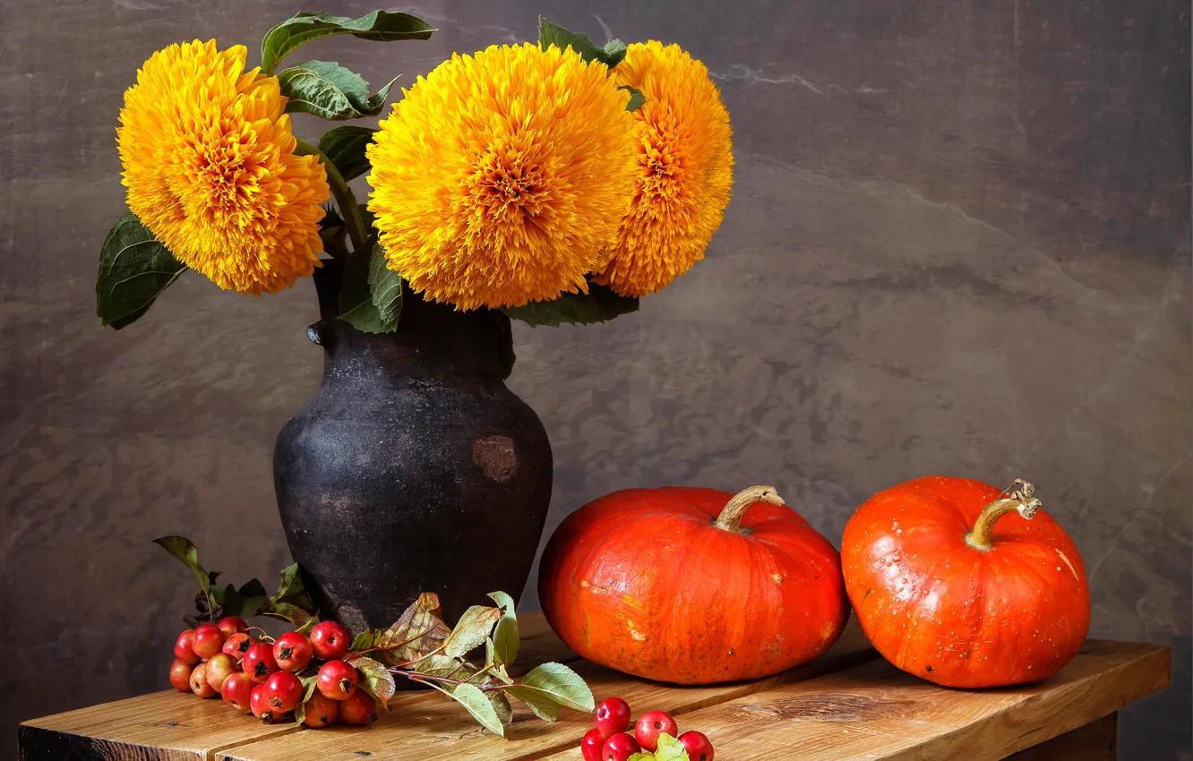 Photo wallpaper flowers, table, berry, pumpkin, vase, still life, yellow, Rowan