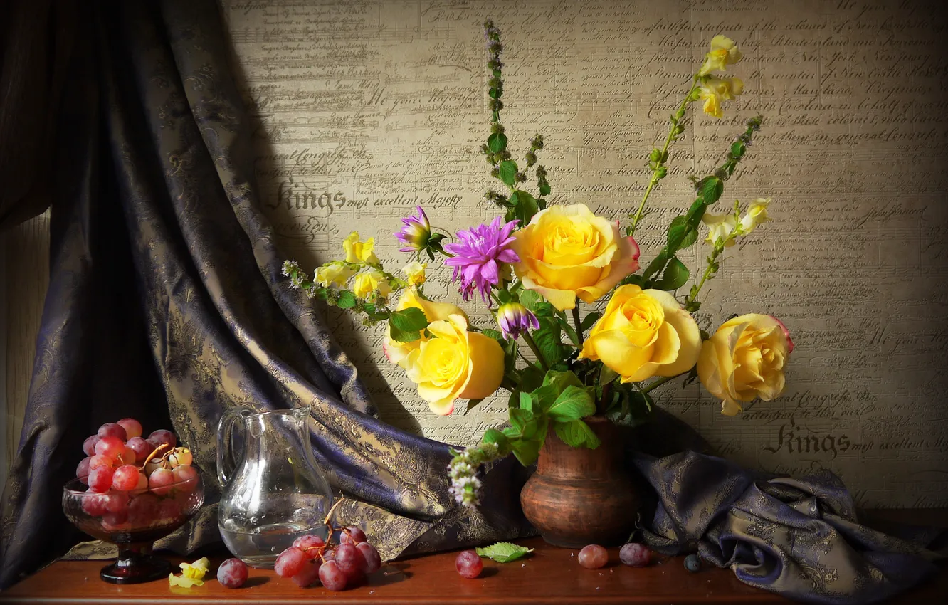 Photo wallpaper photo, Flowers, Vase, Roses, Grapes, Still life, Pitcher