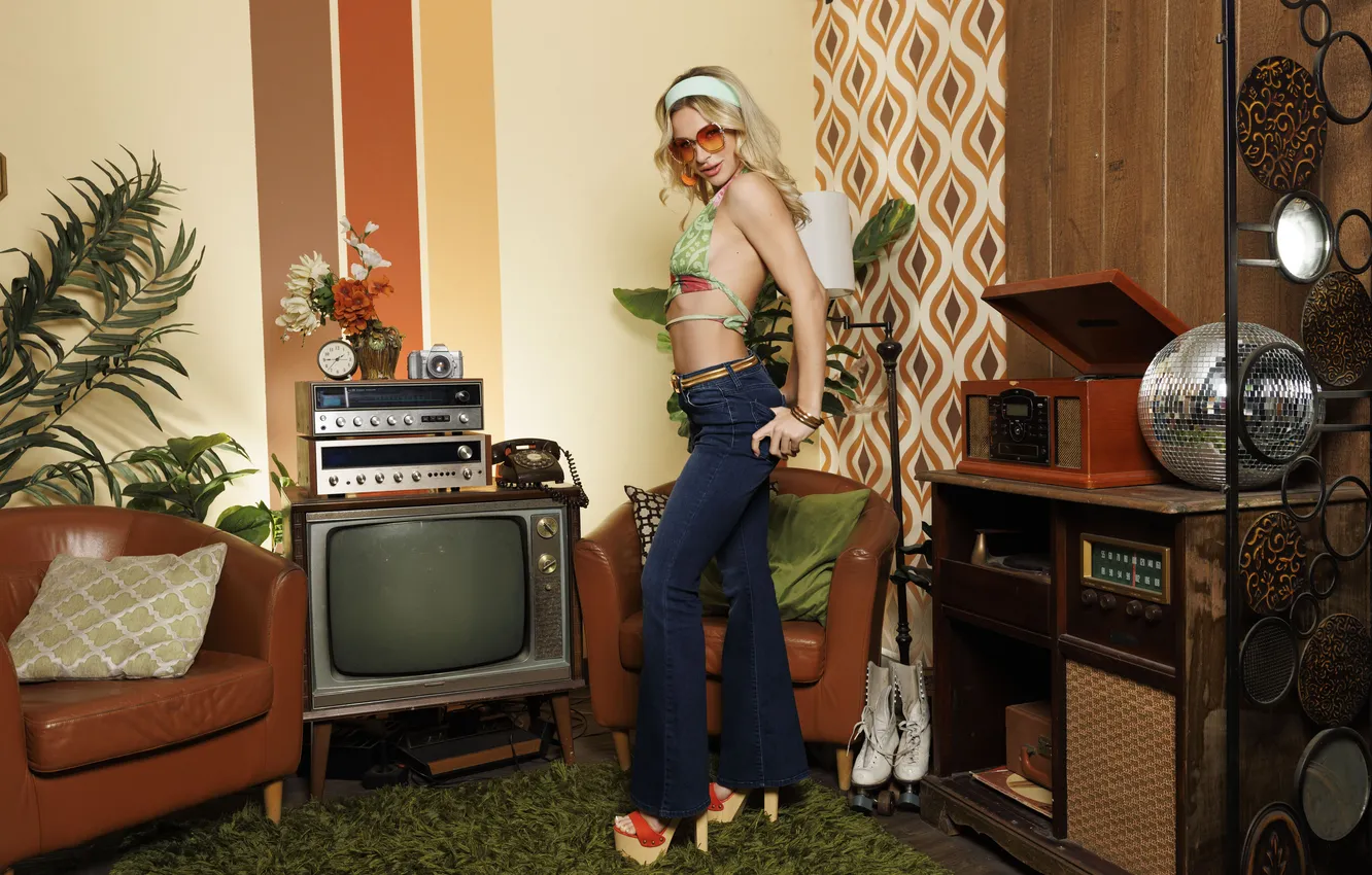 Photo wallpaper swimsuit, style, retro, room, model, jeans, playboy, glasses