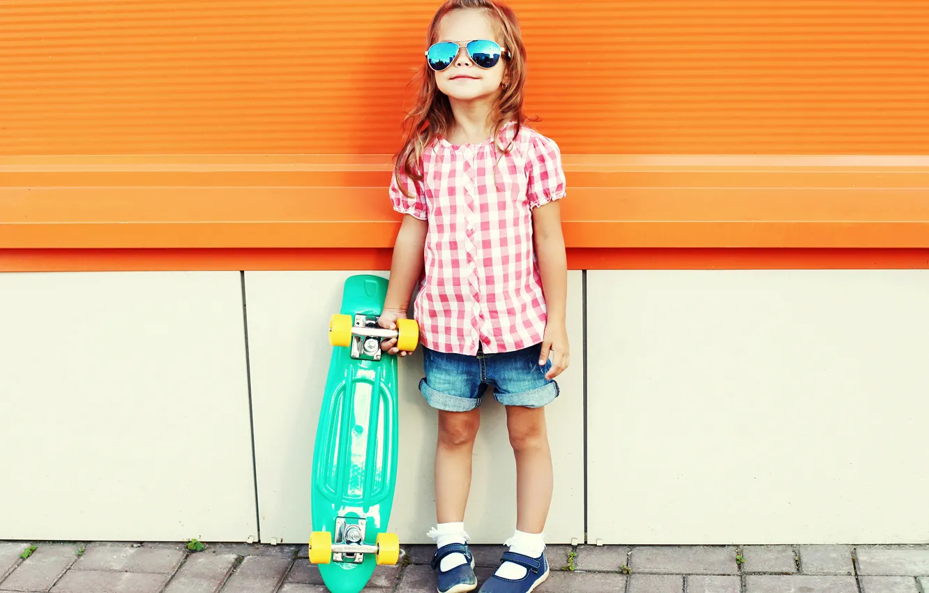 Photo wallpaper summer, glasses, girl, skateboard, child, skateboard, Little girls
