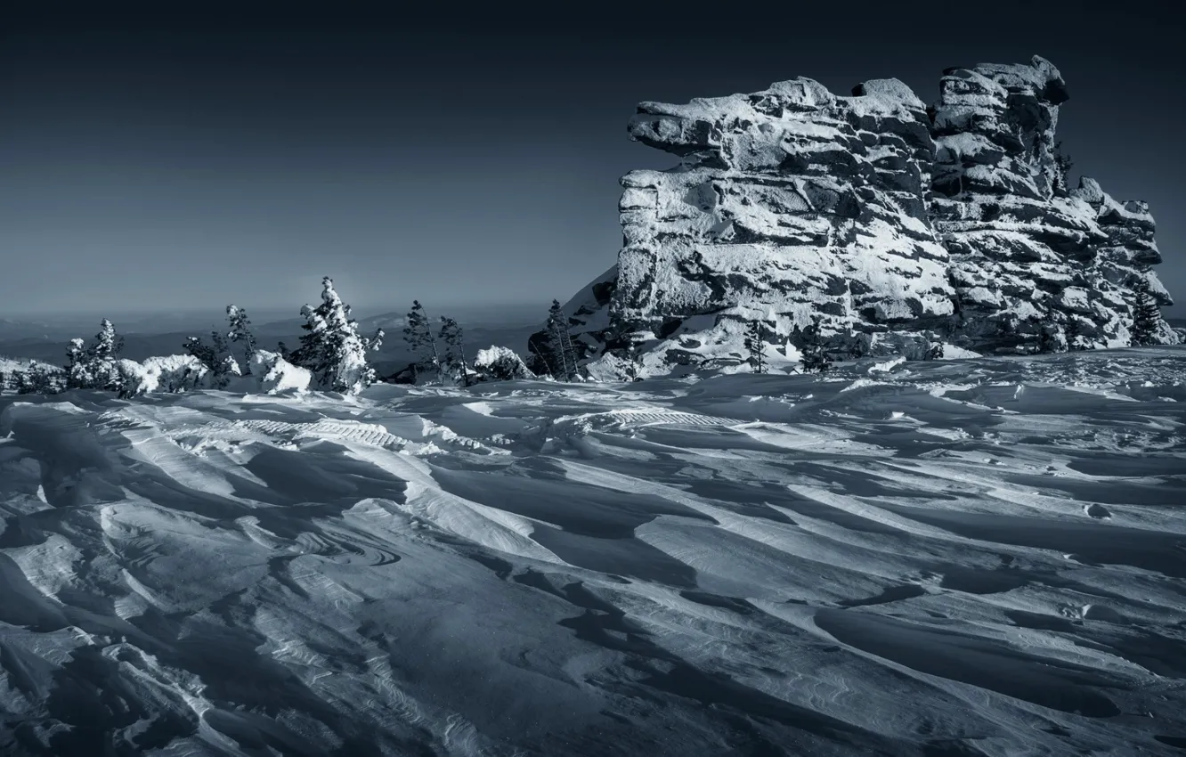Photo wallpaper wave, snow, trees, stones, Mountain Shoria, Tashtagol district