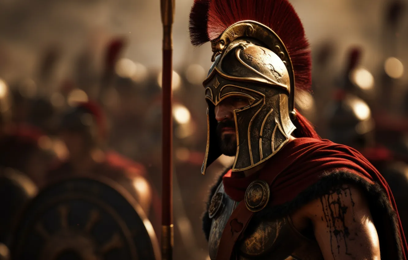Photo wallpaper warrior, helmet, male, spear, Spartan, digital art, Ancient Greece, AI art