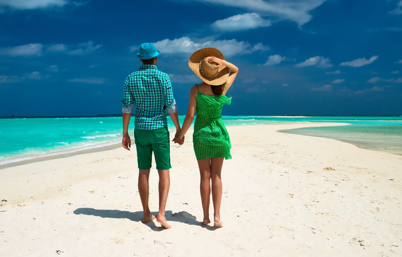 Photo wallpaper sea, beach, tropics, palm trees, pair, walk, beach, sea