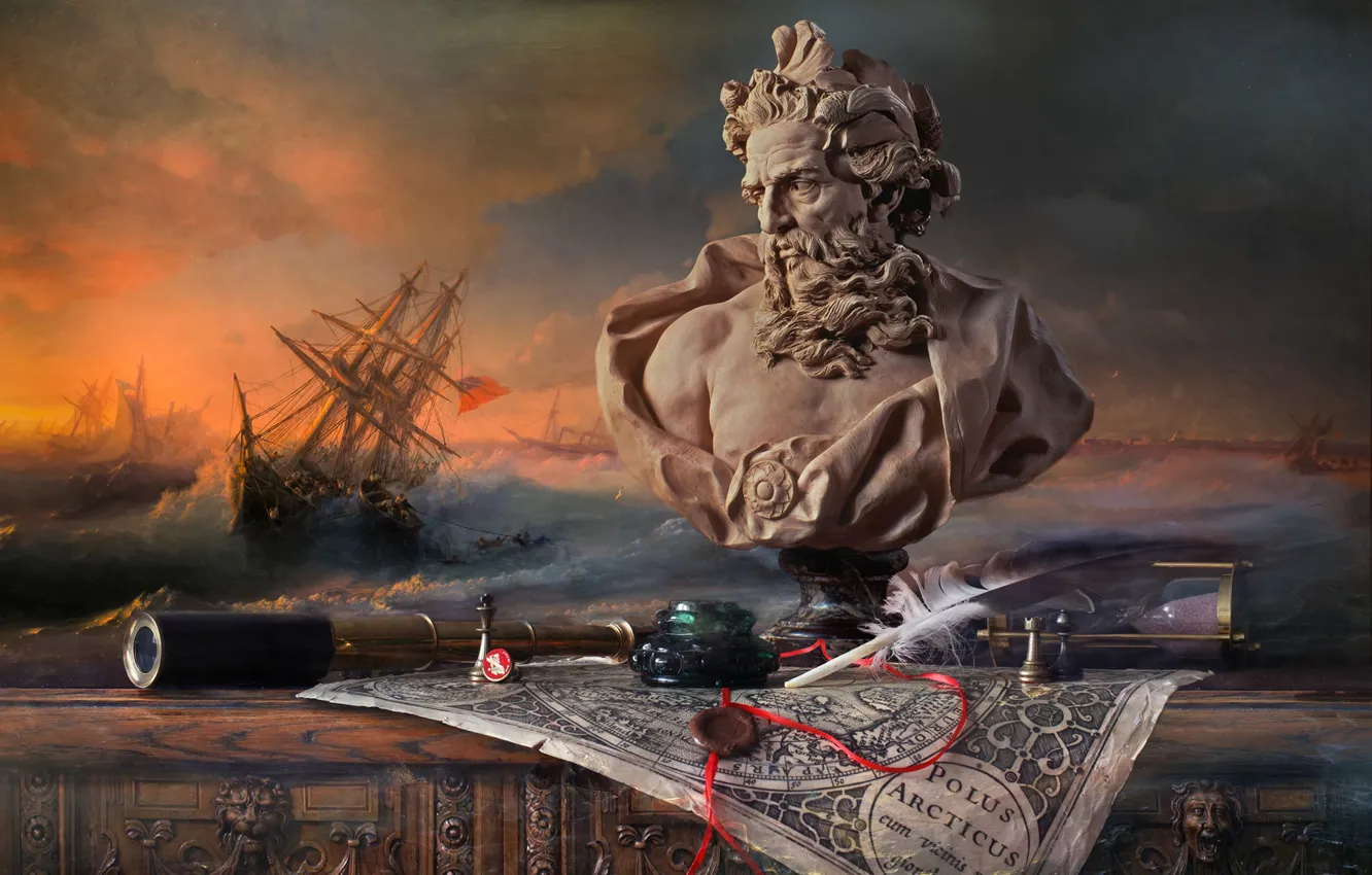 Photo wallpaper style, pen, map, picture, chess, Neptune, spyglass, hourglass